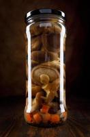 Pickled mushrooms in a glass jar . Salted homemade mushrooms . photo