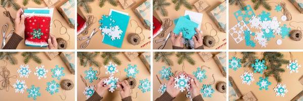 DIY instruction. Step by step tutorial. Making Xmas toy snowflake of felt on beige background. Collage of eight photos. Top view, flat lay. photo