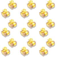 Seamless pattern of gift boxes of craft paper, with yellow ribbon bows in polka dots on white. photo