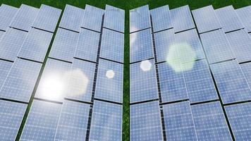 3d rendering illustration solar cells grid blue panel alternative clean green nature energy concept. Environmental protection photo