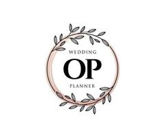 Colección de logotipos de monograma de boda con letras iniciales op, plantillas florales y minimalistas modernas dibujadas a mano para tarjetas de invitación, guardar la fecha, identidad elegante para restaurante, boutique, café en vector