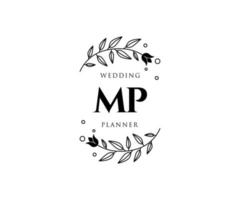 colección de logotipos de monogramas de boda con letras iniciales de mp, plantillas florales y minimalistas modernas dibujadas a mano para tarjetas de invitación, guardar la fecha, identidad elegante para restaurante, boutique, café en vector