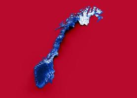 mapa de noruega con los colores de la bandera azul y rojo mapa en relieve sombreado ilustración 3d foto
