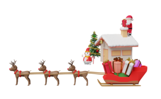 trineo de renos con santa claus, casa, caja de regalo, árbol de navidad aislado. sitio web o afiche o tarjetas de felicidad, pancarta y año nuevo festivo, ilustración 3d o presentación 3d png
