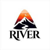 logotipo del río simple arroyo de montaña y puesta de sol vector