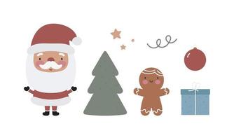 Cartoon Christmas set. Cute Santa, Christmas tree, gingerbread, gift and decoration. Vector illustration. Good for cards, icon, stickers, prints etc.