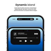 Music player on dynamic island. High quality smartphone vector mockup. Music notification as dynamic island.