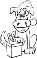 comic dog with gift on Christmas time coloring page vector