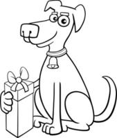 cartoon dog with Christmas gift coloring page vector