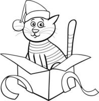 gato de dibujos animados en caja de regalo de navidad página para colorear vector