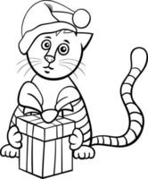 cartoon cat with gift on Christmas coloring page vector