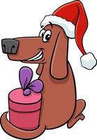 divertido perro de dibujos animados con regalo en Navidad vector