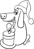 comic dog with gift on Christmas time coloring page vector