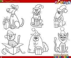 Dibujos de perros y gatos con regalos de navidad para colorear página vector