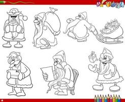 cartoon Santa Clauses giving Christmas gifts to kids coloring page vector