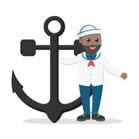 marinero africano con carácter de diseño de ancla sobre fondo blanco vector
