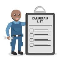 mechanic african with repair list clipboard design character on white background vector