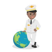 pilot african standing with big globe design character on white background vector