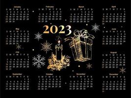 2023 Calendar year vector illustration. The week starts on Sunday. Christmas snowflakes calendar 2023 template. Calendar design Sunday in red colors. Vector