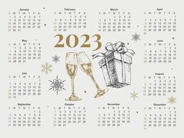 2023 Calendar year vector illustration. The week starts on Sunday. Christmas snowflakes calendar 2023 template. Calendar design Sunday in red colors. Vector