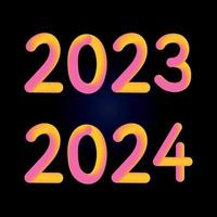 feliz año nuevo 2023 2024 futuro metaverso neón texto neón con efecto metálico, números y líneas de futurismo. tarjeta de felicitación vectorial, banner, cartel de felicitación ilustración 3d. electrónica moderna de moda vector