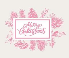 Merry Christmas and Happy New Year Abstract Botanical Card with Square Frame Banner and Modern Typography. Green and Pink Pastel Colors Greeting Layout. Isolated. vector