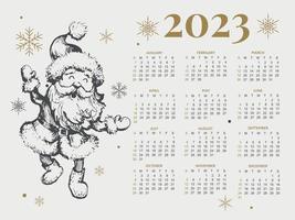 2023 Calendar year vector illustration. The week starts on Sunday. Christmas snowflakes calendar 2023 template. Calendar design Sunday in red colors. Vector