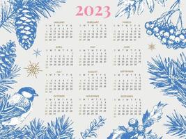 2023 Calendar year vector illustration. The week starts on Sunday. Christmas snowflakes calendar 2023 template. Calendar design Sunday in red colors. Vector