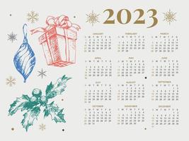 2023 Calendar year vector illustration. The week starts on Sunday. Christmas snowflakes calendar 2023 template. Calendar design Sunday in red colors. Vector