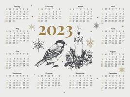 2023 Calendar year vector illustration. The week starts on Sunday. Christmas snowflakes calendar 2023 template. Calendar design Sunday in red colors. Vector