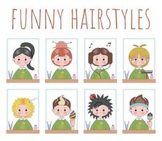 Cute cartoon girl's hair set. Little girls with funny hairstyles. Funny kids with various hairstyles. Hairstyles collection. girl's hair vector. Kids standing by the mirror. Choose your hair. vector