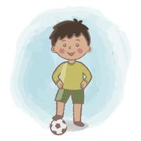 Dreaming about becoming an professional footballer. Footballer boy isolated vector illustration. Child soccer player. Proud cartoon kid. Boy put his feet on the ball. Career day in kindergarten.
