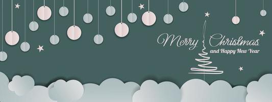 Christmas paper background with paper Christmas balls, clouds and Christmas tree. Cool shades. Vector design. Style. Template. Postcard. Invitation. Banner. Web. Typography.