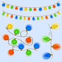 Christmas garland. Set of glowing garland of different colored bulbs of different shapes on blue background. Vector. Illustration. New Year decor for Christmas tree or room. EPS10 vector