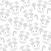 Seamless Black and White Christmas pattern with doodle reindeers and lollipops on a white background. Wrapping paper design. vector