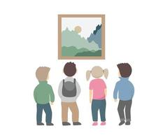 excursión para niños en un museo, de pie en la imagen y escuchando a la guía. ilustración vectorial para galería de arte, educación cultural, conceptos de exhibición vector