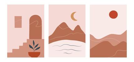 Minimalistic landscape poster set in hand drawn flat style. Perfect for wall art in the style of mid century modern vector