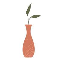 Textured modern vase with a plant leaf isolated on a white background. Vector element mid-century modern style earth tones