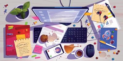 Messy workplace top view, clutter office desk vector