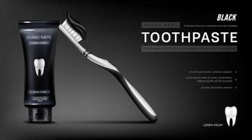 Black toothpaste ads banner with brush and tooth vector