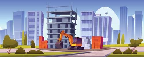 Construction site, unfinished house and excavator vector