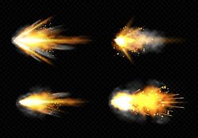 Gun flashes with fire and smoke. Pistol shots set vector