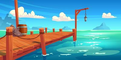 Wooden pier on river, lake or sea landscape, wharf vector