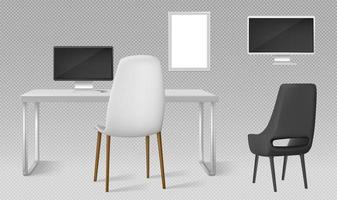 Office furniture, desk, chairs and monitors vector