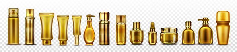 maqueta de botellas cosméticas doradas, conjunto de tubos cosméticos vector