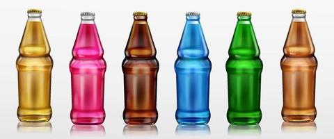 Glass bottles with drinks, beer, soda and lemonade vector