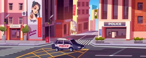 City street with police station, car and houses vector