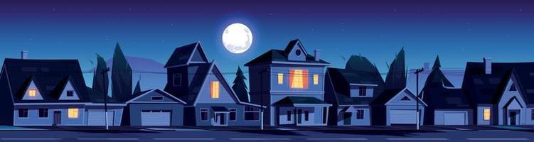 Street in suburb district with houses at night vector