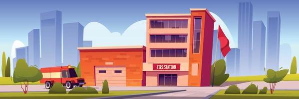 Fire truck driving to station building with garage vector