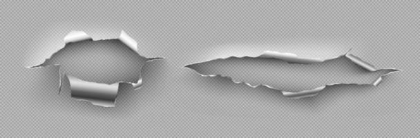 Metal rip holes with curly edges, ragged cracks vector